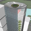 Modern Commercial Complex with MUJI Storefront Company Logos Glass Facade Green Rooftop and Crowded Plaza