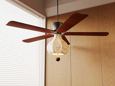 Wooden Blade Ceiling Fan With White Lamp Shade Mounted On Wooden Wall Near Window 3d model