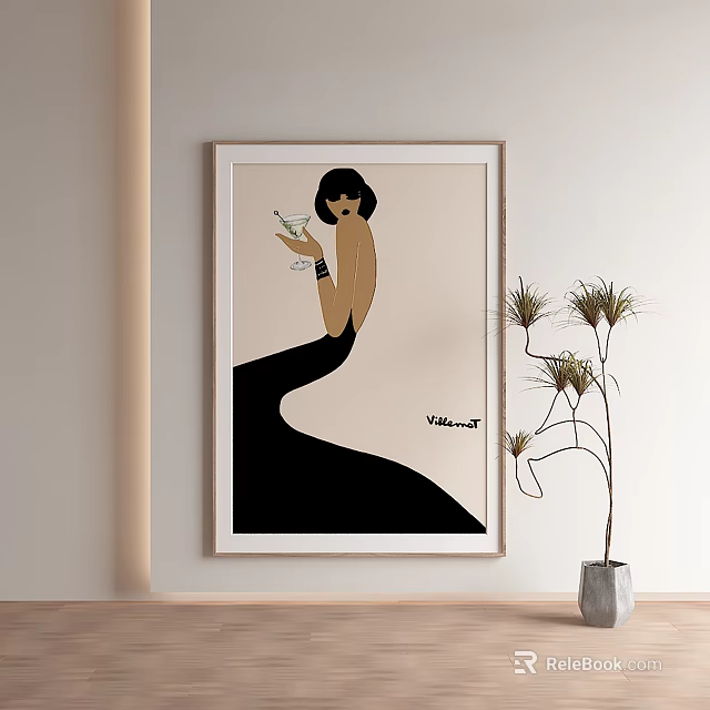 Abstract Painting Featuring Elegant Woman In Black Dress Holding Cocktail Glass On Beige Background 3d model 
