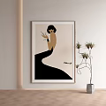 Abstract Painting Featuring Elegant Woman In Black Dress Holding Cocktail Glass On Beige Background