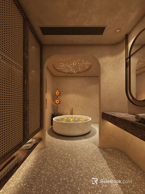 Natural Style Bathroom Interior With Round Bathtub Yellow Petals And Starry Ceiling 3d model 