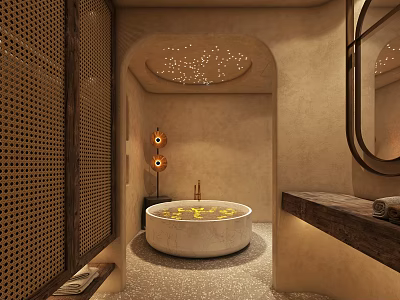Natural Style Bathroom Interior With Round Bathtub Yellow Petals And Starry Ceiling 3d model