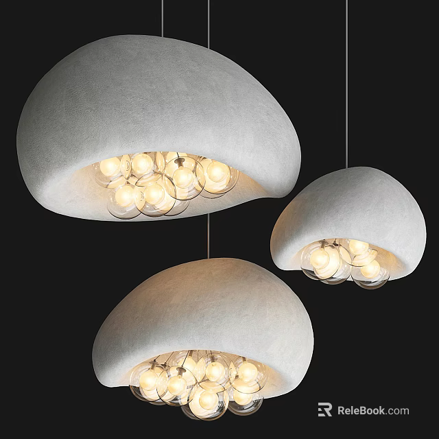 Three Modern Gray Mushroom Shaped Dome Pendant Lights With Inner Bulbs Hanging 3d model 