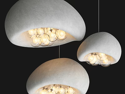 Three Modern Gray Mushroom Shaped Dome Pendant Lights With Inner Bulbs Hanging 3d model