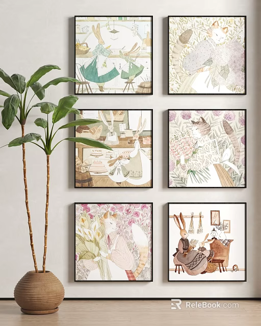 Pastel Colored Decorative Wall Art Featuring Floral Animal and Human Themes for Home Decoration 3d model 