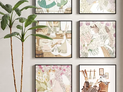 Pastel Colored Decorative Wall Art Featuring Floral Animal and Human Themes for Home Decoration 3d model
