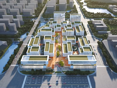 Aerial View Planning of Modern Community With Multiple Buildings Green Spaces and Road Network 3d model