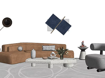 Modern Upholstered Sofa and Coffee Table Set With Brown Stone Top Cushions and Flower Arrangement 3d model