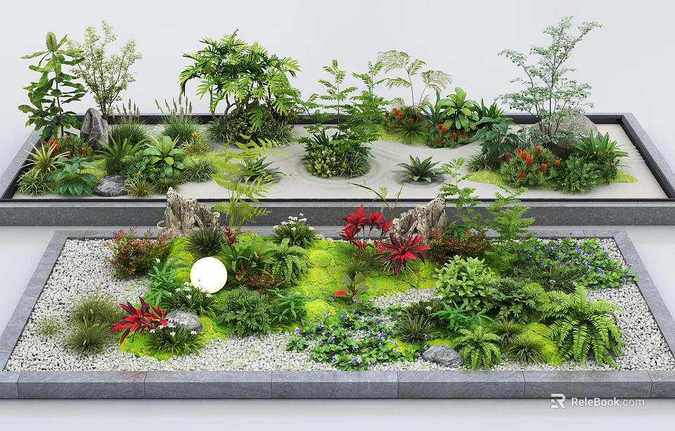 Lush Plant Combination With Moss And Stones For Indoor Landscape 3d model 