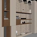 Elegant Modern Light Colored Decorative Cabinet With Open Shelves Textured Wall And Decor Items
