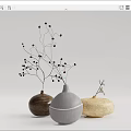 Three Vases in Wooden Gray and Beige Ceramic with Decorative Branches and Small Fruits