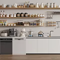 Modern Kitchen Interior Featuring White Cabinets Open Shelves Cans Mugs And Appliances
