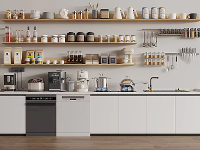 Modern Kitchen Interior Featuring White Cabinets Open Shelves Cans Mugs And Appliances 3d model