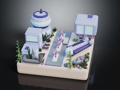 Modern Architectural Miniature Model With Multiple Buildings Greenery Pink Trees And Pathways 3d model