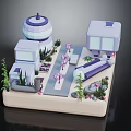 Modern Architectural Miniature Model With Multiple Buildings Greenery Pink Trees And Pathways