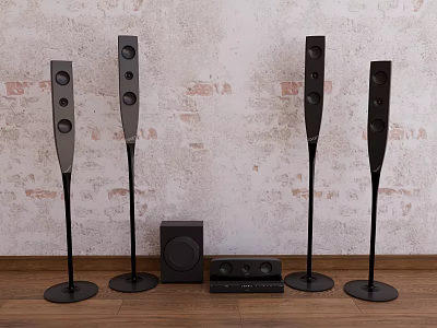 Stylish Home Audio System With Tall Floor Standing Speakers Subwoofer And Brick Wall Design 3d model