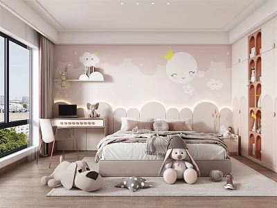 Cozy Kids Room With Moon Cloud Pattern Wall Stuffed Toys Desk And Bookshelves 3d model