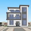 Modern Detached Villa With Black White Exterior Large Glass Windows And Balconies Surrounded By Green Trees