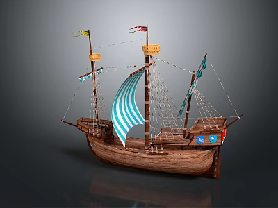 Vintage Wooden Ship With Striped Sails Colorful Flags And Decorative Hull Details 3d model