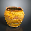 Hand Carved Yellow Brown Pottery Vase With Textured Surface And Artisan Details