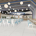 Modern Dining Hall Interior With Round Tables Chairs Central Column Ceiling Design And Plants 3d model
