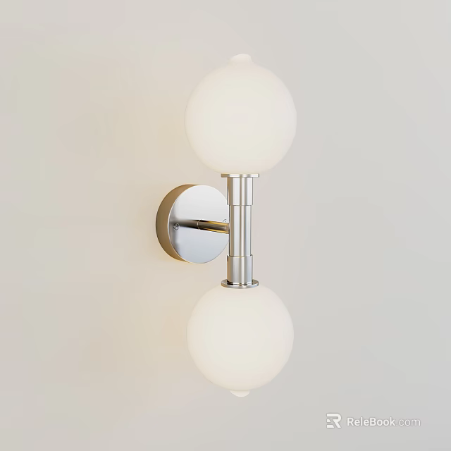 Modern Unique Wall Lamp With Two Spherical Lampshades And Metal Bracket Mounted On Light Wall 3d model 