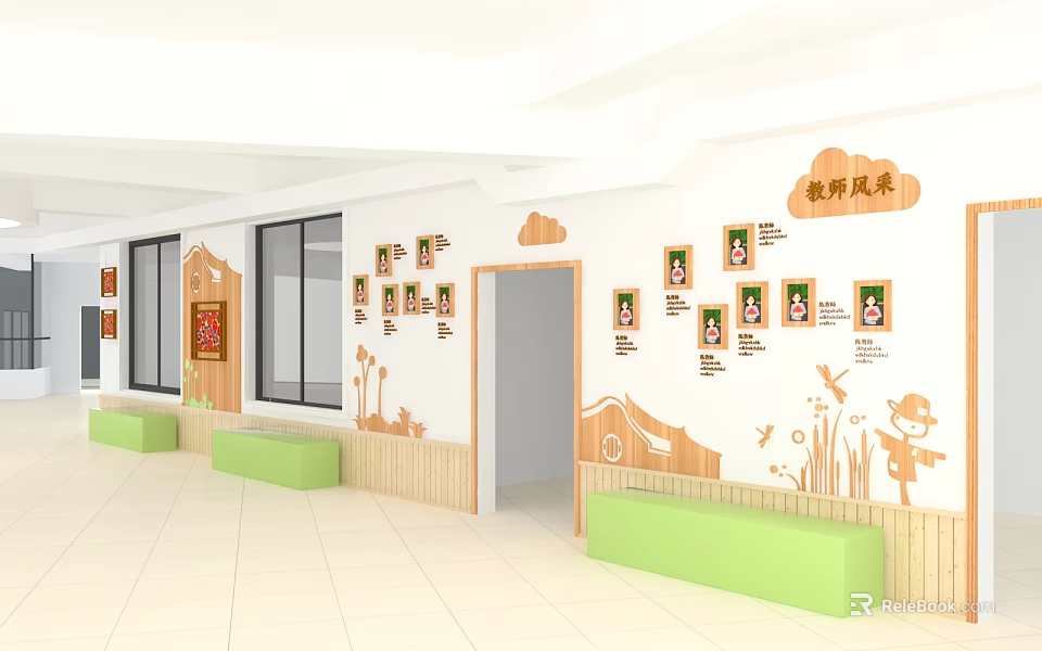 Bright Kindergarten Interior With Wooden Decor Green Benches Windows And Wall Art 3d model 