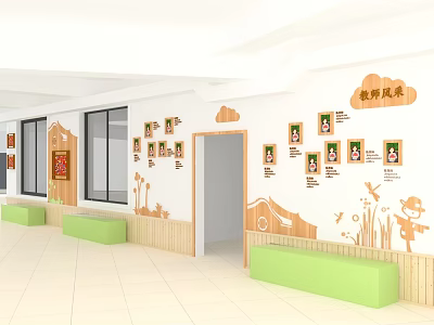 Bright Kindergarten Interior With Wooden Decor Green Benches Windows And Wall Art 3d model