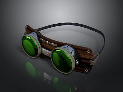 Vintage Steampunk Goggles with Wooden Frame Green Lenses and Black Leather Strap 3d model