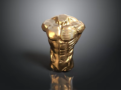 Golden Human Torso Sculpture Showcasing Detailed Organs And Artistic Hair Textures With Muscular Structure 3d model
