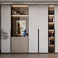 Modern Bookcase Interior Design With Built in Lighting Decorative Items And White Gray Finish