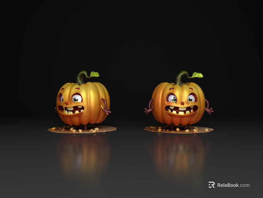 Halloween Smiling Pumpkin Decorative Ornament Set With Cute Faces And Green Stems 3d model 