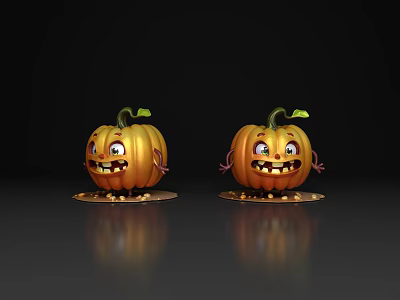 Halloween Smiling Pumpkin Decorative Ornament Set With Cute Faces And Green Stems 3d model