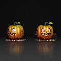 Halloween Smiling Pumpkin Decorative Ornament Set With Cute Faces And Green Stems