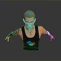 Blue Haired Man Wearing Black Tank Top With Colorful Logo Tattoos and Blue Cybernetic Arm