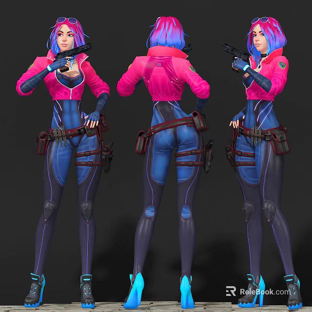Game Movie Character With Blue Purple Hair Pink Jacket And Gun In Multiple Views 3d model