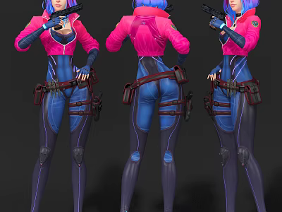 Game Movie Character With Blue Purple Hair Pink Jacket And Gun In Multiple Views 3d model