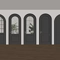 Black Arched Doors Various Styles Arranged In White Wall With Wooden Floor