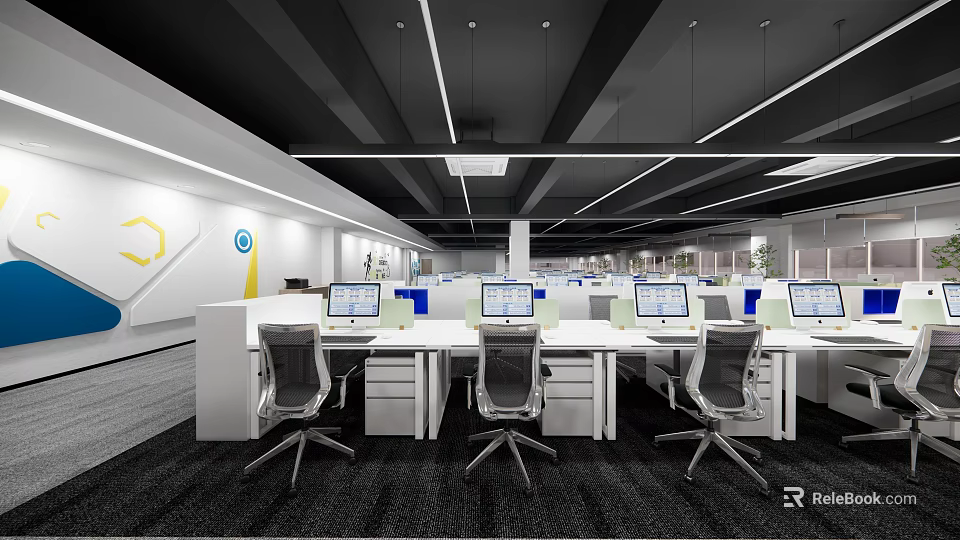 Modern Public Office Space Interior With Workstations Computers And Ergonomic Chairs 3d model