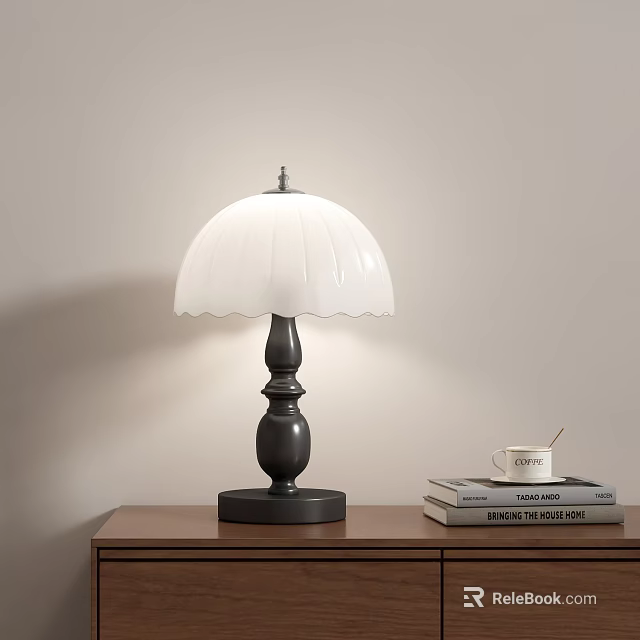 White Scalloped Lampshade Table Lamp With Black Base On Wooden Table And Coffee Mug 3d model 