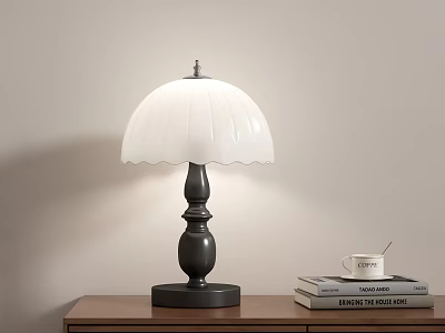 White Scalloped Lampshade Table Lamp With Black Base On Wooden Table And Coffee Mug 3d model