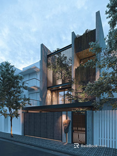 Modern Detached Villa with Perforated Screens Large Windows and Surrounding Trees 3d model