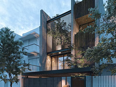 Modern Detached Villa with Perforated Screens Large Windows and Surrounding Trees 3d model
