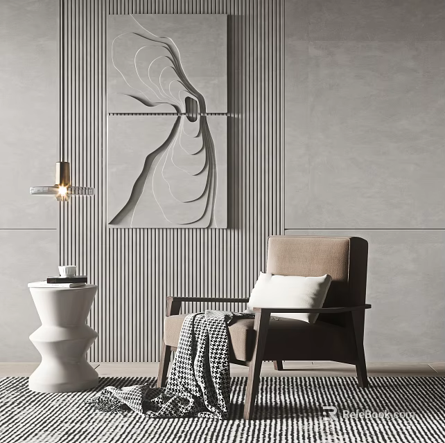 Modern Minimalist Single Sofa Interior With Gray Wall Decorative Art Side Table And White Cushion 3d model 