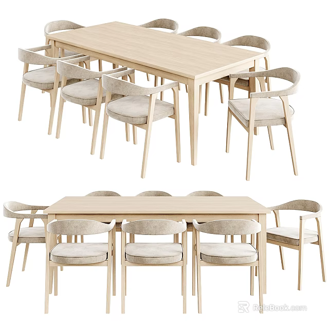 Modern Light Wooden Dining Table Set With Comfortable Chairs And Backrest Design 3d model