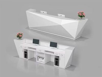 Modern White Geometric Reception Desk With Computer Monitors Pink Flowers And Storage Cabinets 3d model