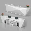 Modern White Geometric Reception Desk With Computer Monitors Pink Flowers And Storage Cabinets