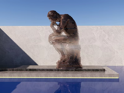 Landscape Sculpture Of Contemplative Brown Striped Figure By Pool With Grey Wall And Blue Sky 3d model