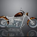 Custom Motorcycle With Flame Painted Body White Leather Seat And Chrome Engine Parts