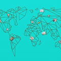 Geometric World Map Wall Decor With Line Art And Small Image Accents On Blue Background